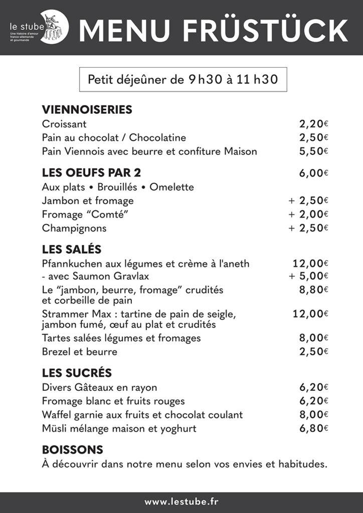 Menu petit déjeuner brunch Le Stube